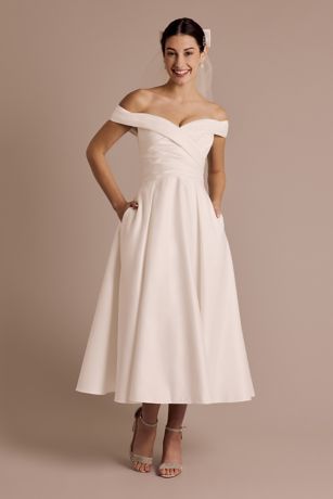 DB Studio Satin Draped Off-the-Shoulder Tea-Length Dress